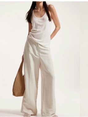 Indero Cream Wide Leg Pleated Trousers - High Rise Linen Blend - Size L